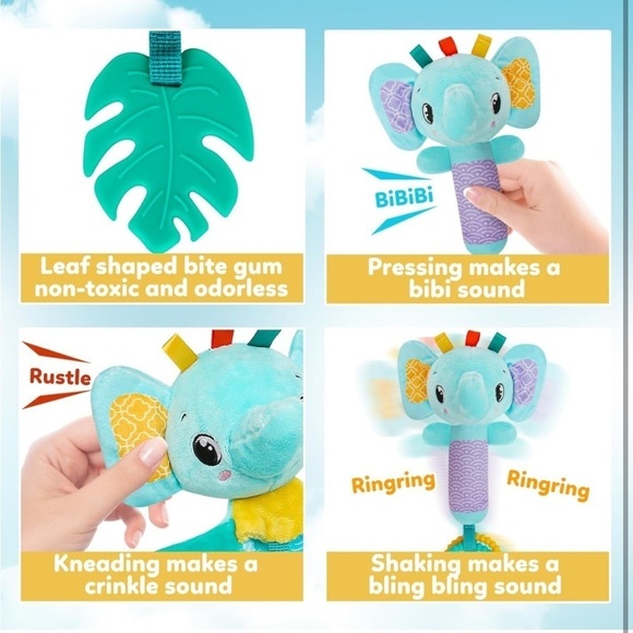 Brand New Baby Carseat Stroller Toy Security Blanket & Rattle Set Blue Elephant - Picture 10 of 13